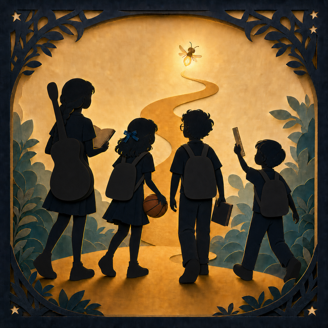 Four children in paper-cut silhouette — carrying a guitar, a basketball, books, and a harmonica — following a glowing firefly up a winding golden path.