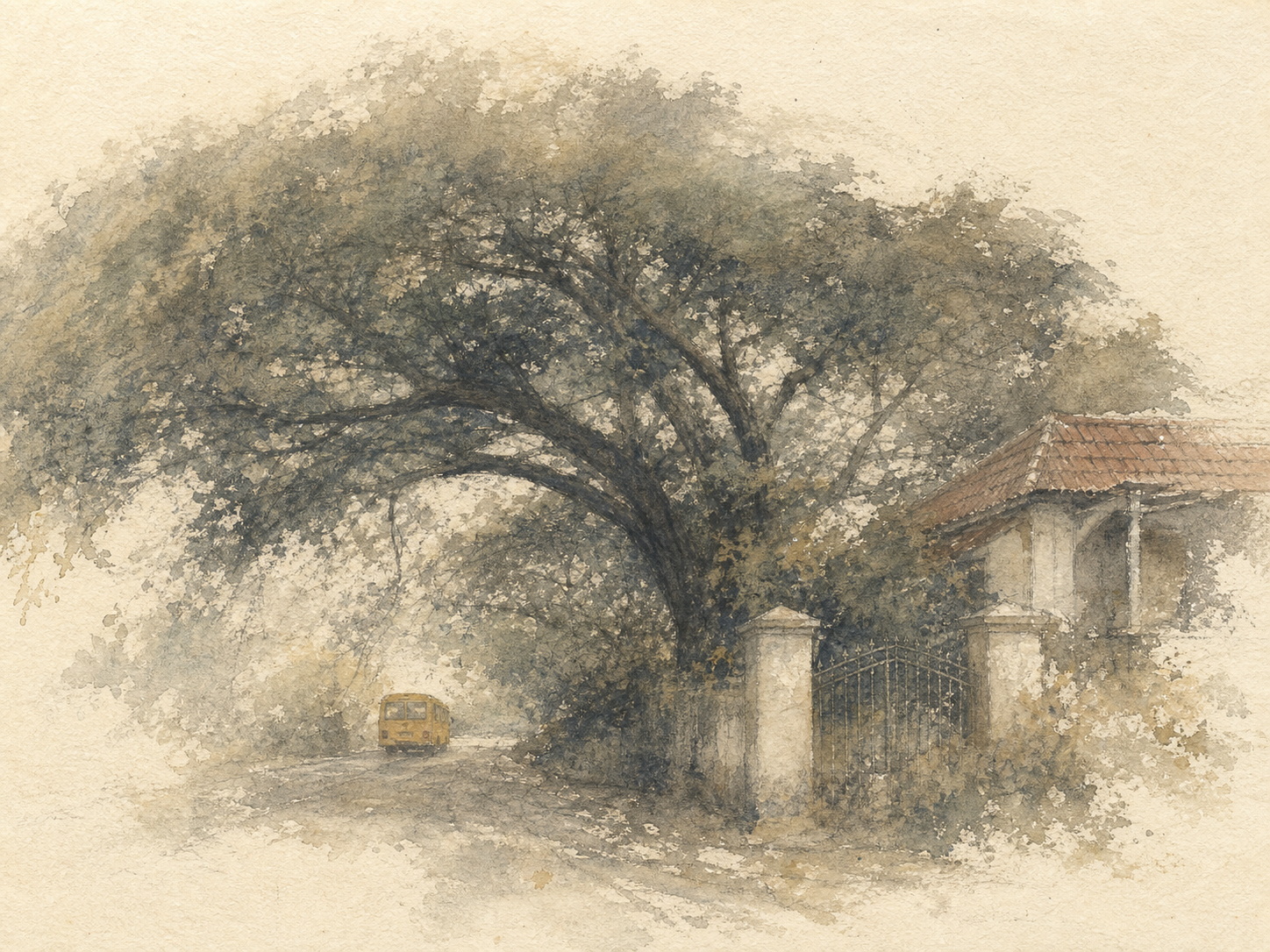 A small yellow bus beneath a charcoal rain tree, with a red-tile bungalow and iron gate