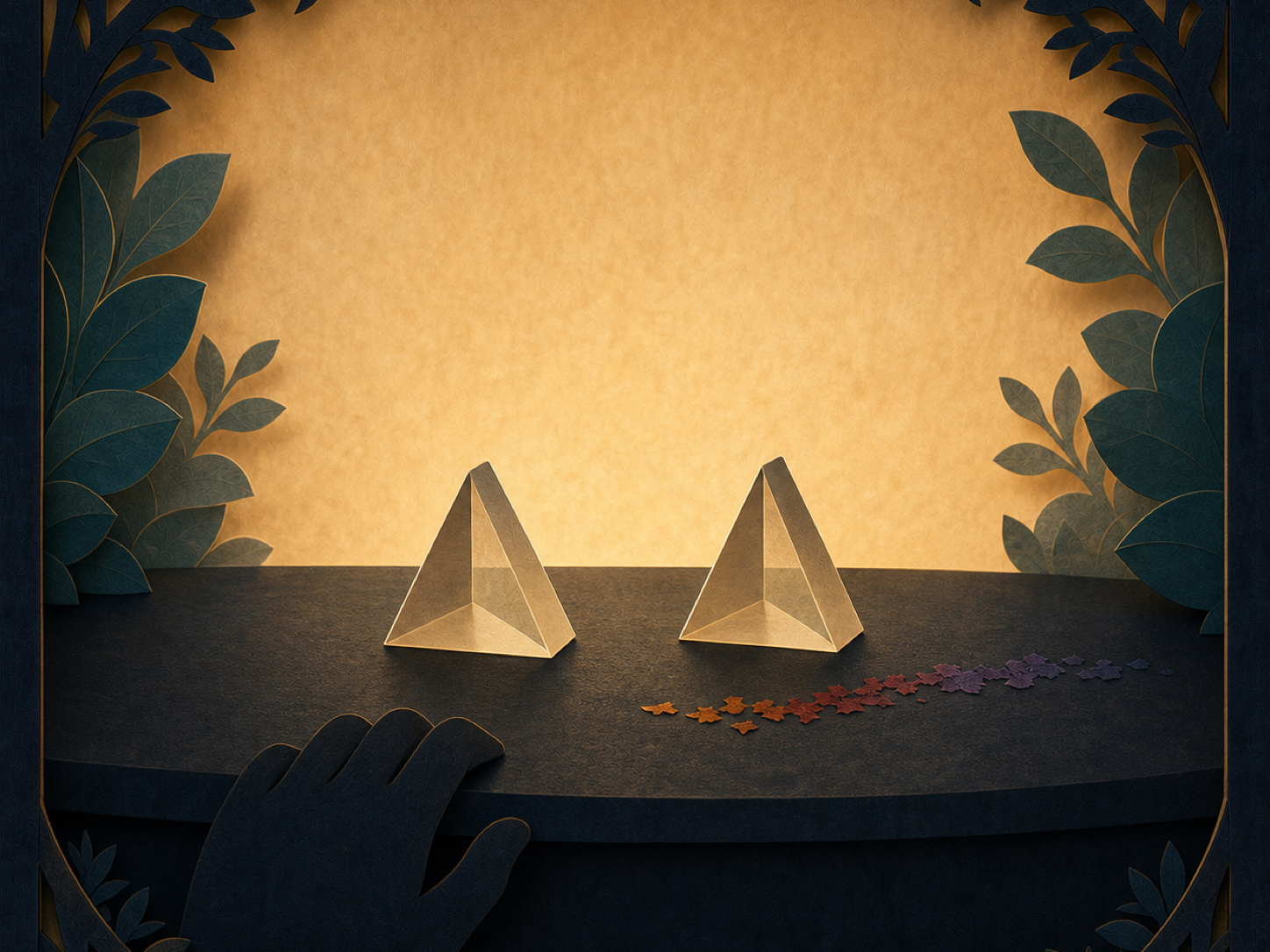 Two small prisms on a quiet desk, with a nearly spent pastel pigment trace