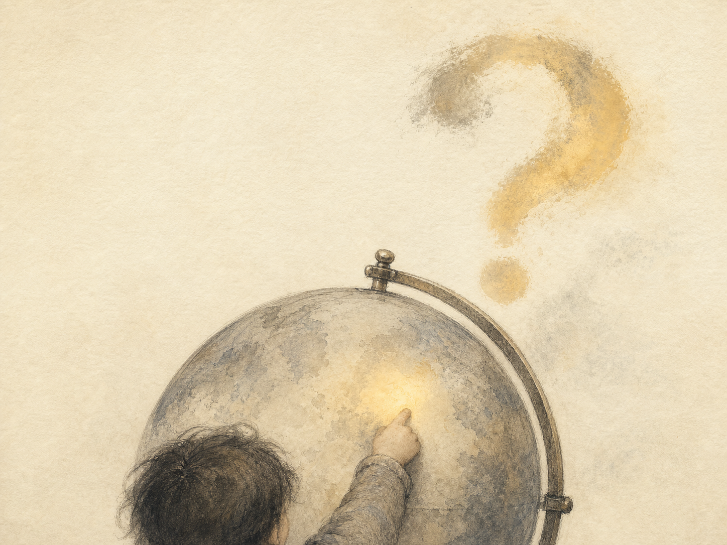 A child thumb locating a place on an unlabelled globe