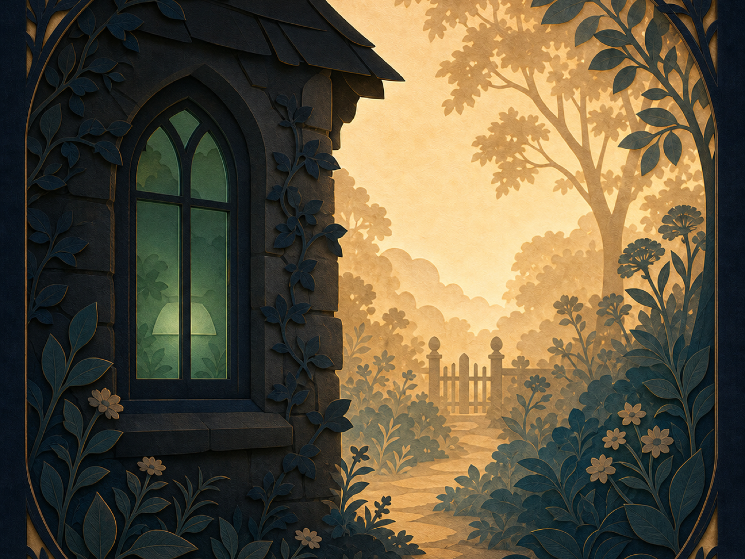 A dark old study window holding a contained pastel green light over the garden