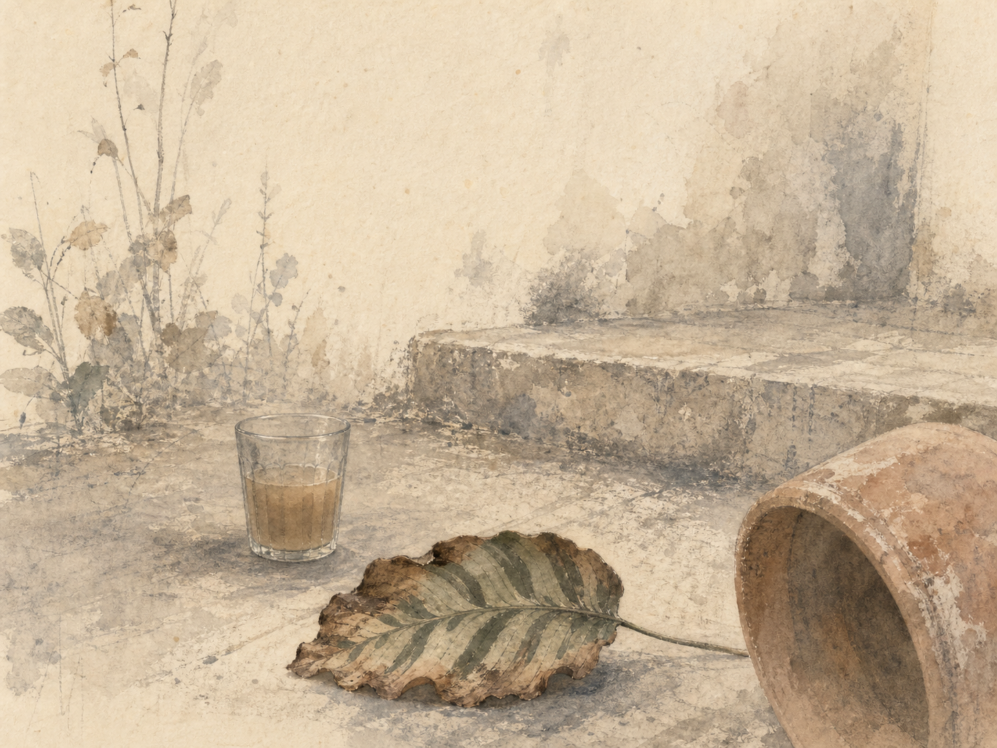 A tea tumbler, lifted terracotta pot, and scorched calathea leaf in the garden