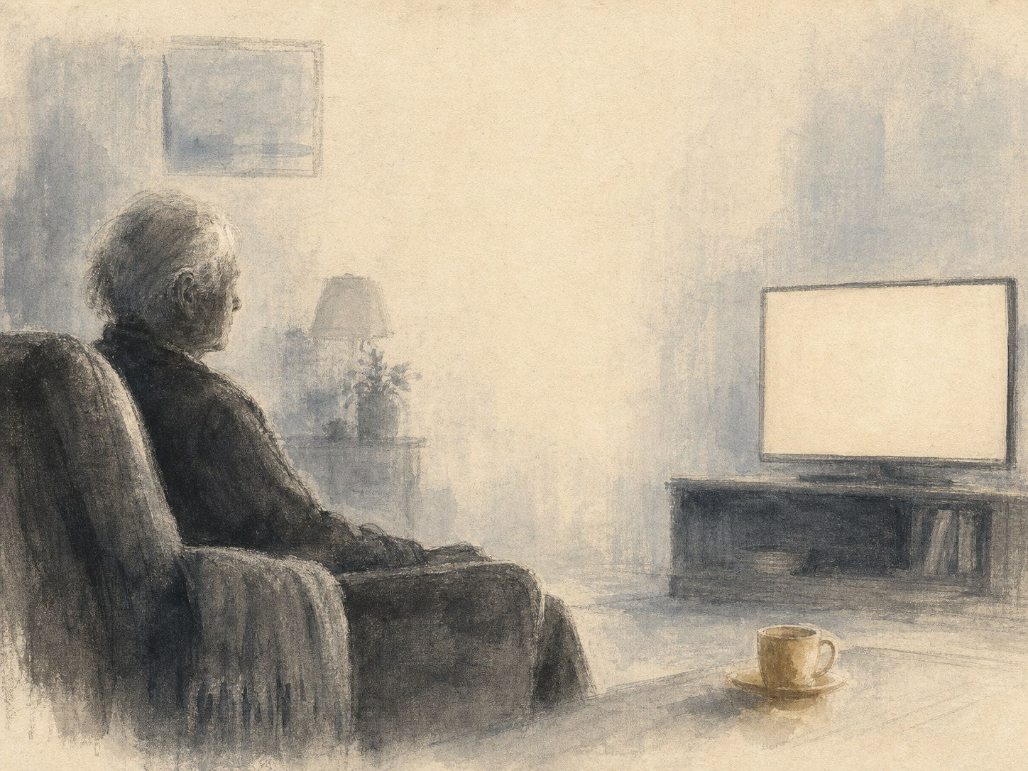 An elder waiting beside a quiet television and a forgotten tea cup